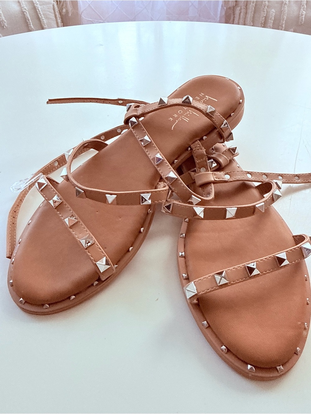 Nicole Miller Tan Pyramid Stud Strappy Sandals
